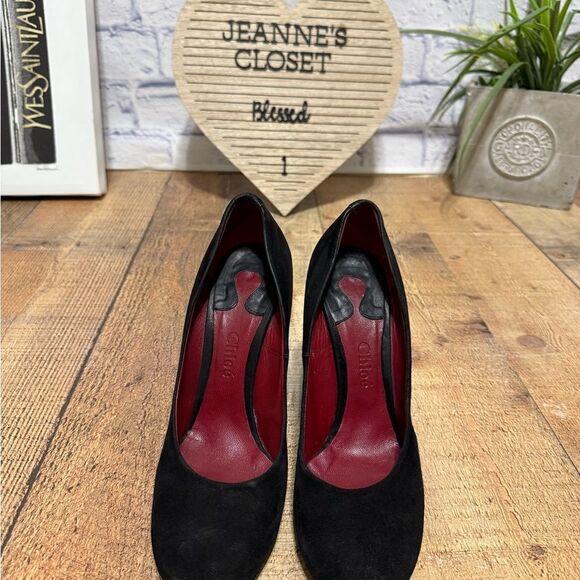 CHLOE Black Suede Block Chunky Heel Pump Shoes Round Toe Size Euro 39.5 US 9.5 - Picture 10 of 16